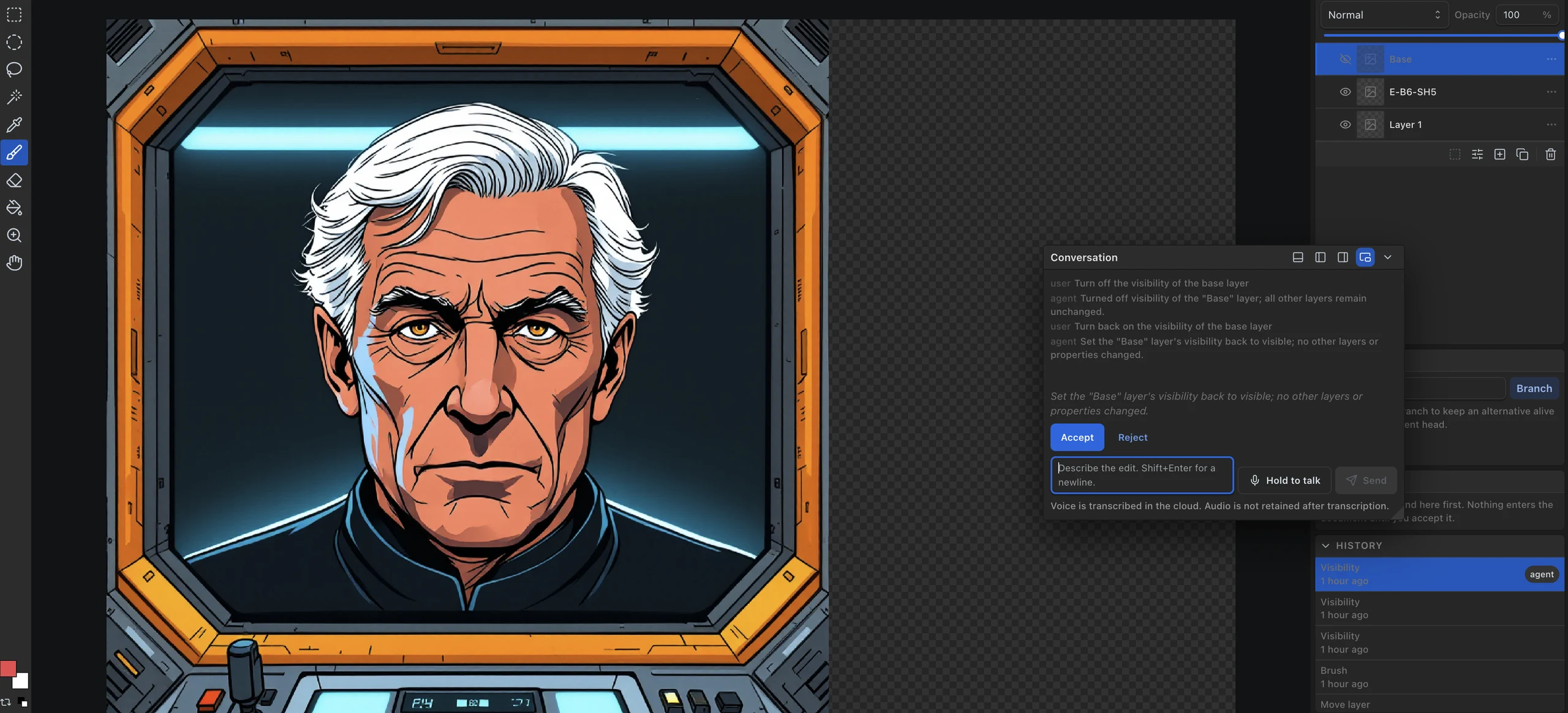 Layered editor with the agent conversation panel